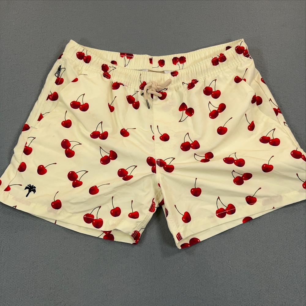 OAS Mens XL Cherry Print Swim Trunks Cream Red Fast Drying Polyester Shorts